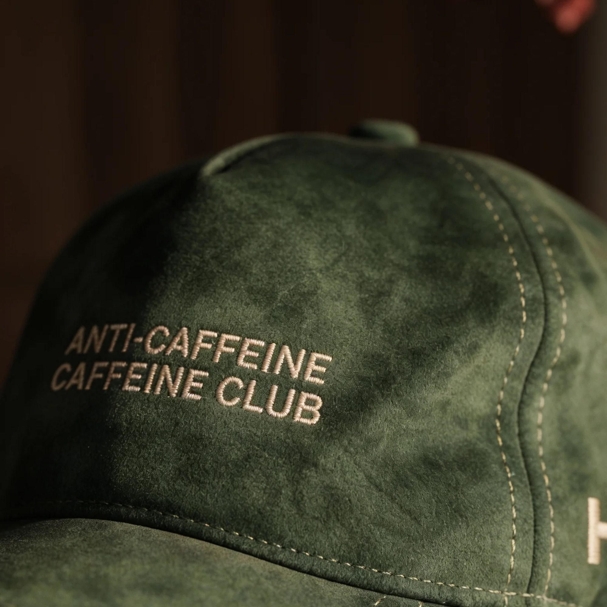 Green cap with 'ANTI-CAFFEINE CAFFEINE CLUB' text on a dark background