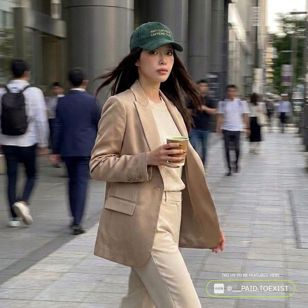 Woman in a beige suit and green cap walking on a city street, holding a matcha cup.