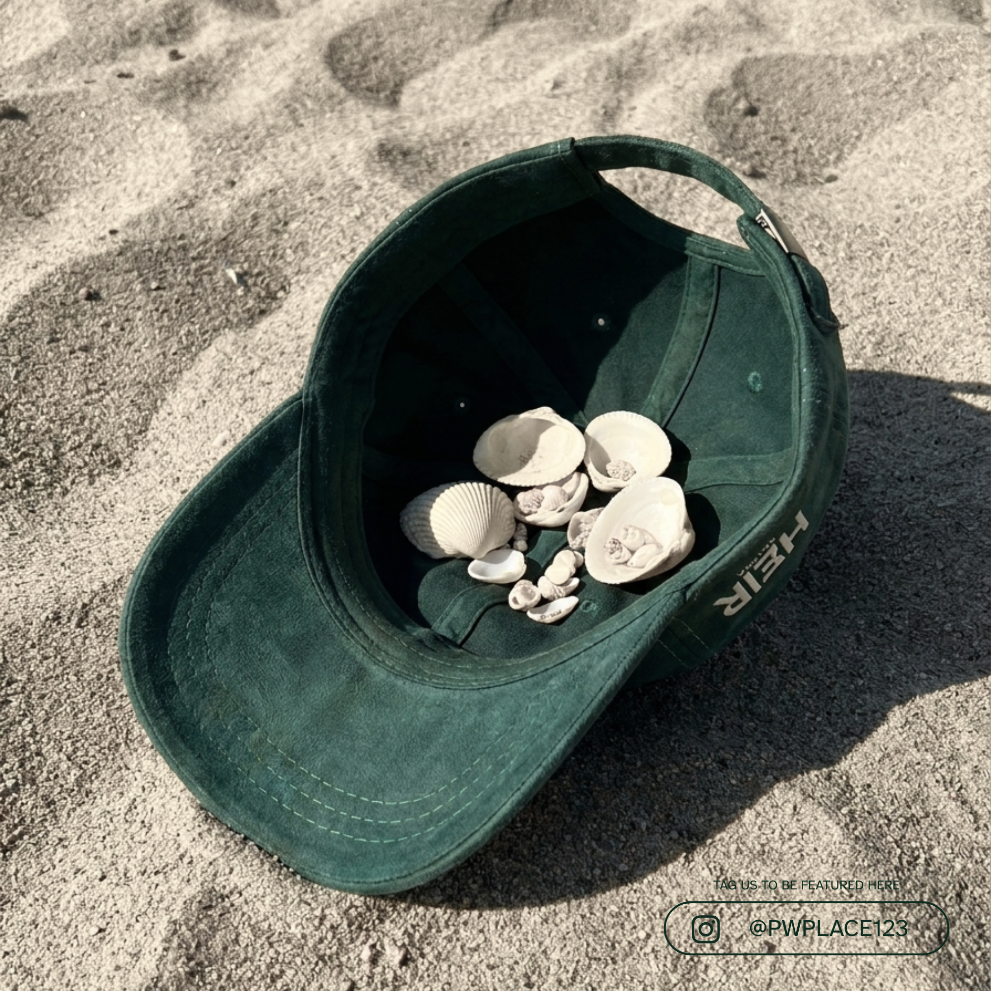 Green cap filled with seashells on sandy ground